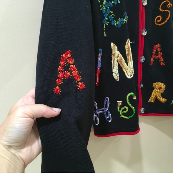 Christina Rotelli Cardigan Sweater Knit Button Black Women L Vintage 80s 90s - Picture 8 of 9